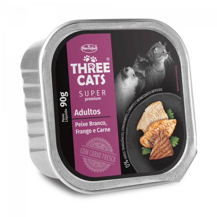 Three Cats Paté Adultos pescado, pollo & carne lata 90g. 1u-12u.