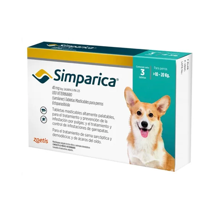 Simparica contra Pulgas Garrapatas 10 - 20 Kg x 3