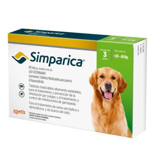 SIMPARICA contra Pulgas Garrapatas 20 - 40 Kg x 3